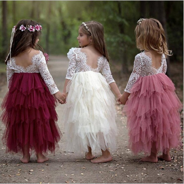 2019 Bohemian Lace Tutu Flower Girl Dresses Sheer Long Sleeves Short Kids Birthday Communion Dress Summer Beach Boho Party Gowns MC1680