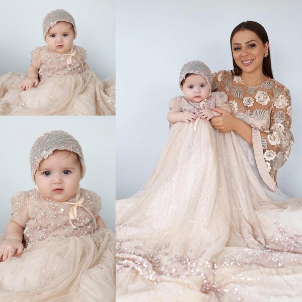 Vintage Arabic Muslim Champagne Flowr Girl Dress Sleeveless Sequins Beads Baby Long Christening Dress Baptism Outfits With Bonnet