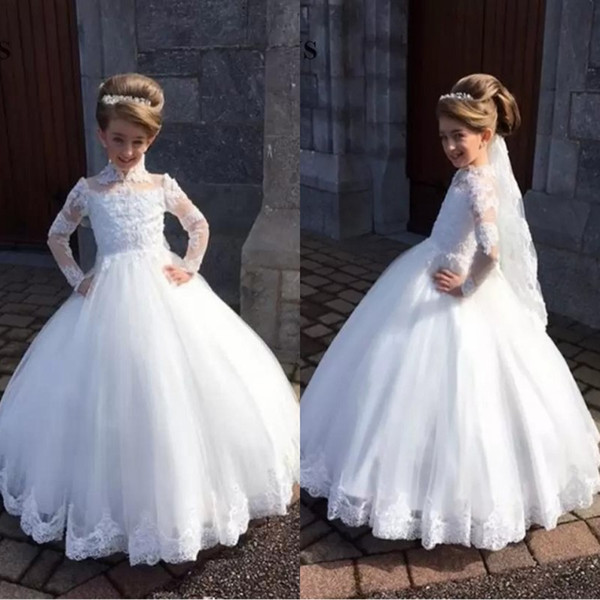 White Princess Lace Ball Gown Kids TUTU Flower Girl Dresses Long Sleeve Party Prom Princess Bridesmaid Wedding Formal Occasion Dres