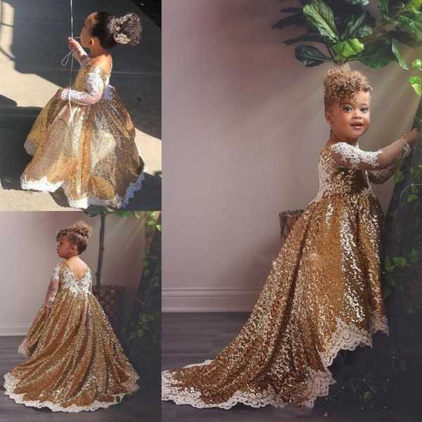 New Sparkly Gold Flower Girl Dresses with White Lace Appliques Long Sleeves Hi Lo Toddlers Teens Party Communion Dress Pageant Gowns