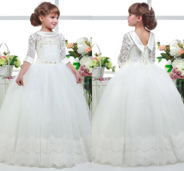 White First Communion Flower Girl Dresses Princess Tulle Lace Applique Hem Ball Gown Kids Graduation Pageant Gowns BC1012