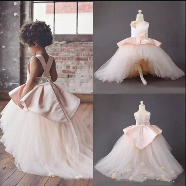 Adorable Pink High Low Tulle Flower Girl Dresses Criss Cross Backless Flora Appliqued Tutu Skirt For Kids Pageant Communion Dress