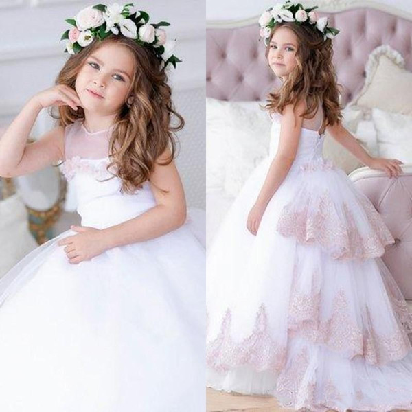 New Flower Girl Dresses Blush Junior GIrls Pageant Dress Lace Baby girl Tulle Wedding Dress Tutu Kids Girls Pageant Gowns BC2303