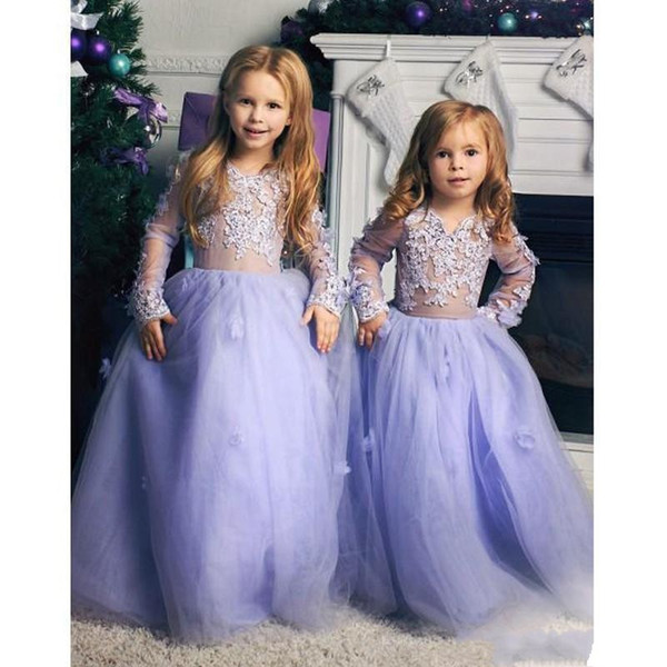 Cute Lavender Flower Girl Dreses Vintage Long Sleeve Toddler Kids Pageant Gowns Appliqued Ruffles Long Party Birthday Dress For Teens