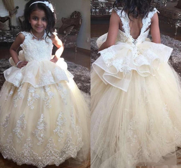 New Cheap Champagne Flower Girls Dresses For Wedding Lace Sleeveless Backless Floor Length Party Birthday Dress Child Pageant Gowns