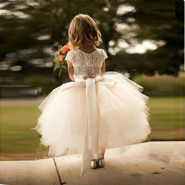 Hot Sale White Lace and Tulle Flower Girl Dress Short Sleeve Sash Layed Tutu Skirt Kids Formal Wear Dresses Custom Made