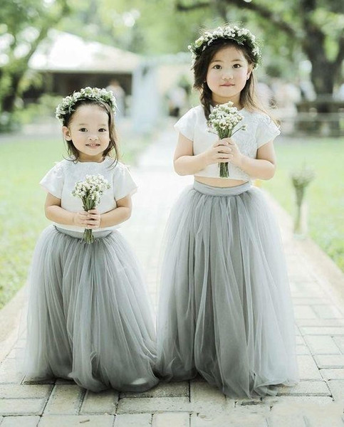 Cheap A Line Crew Two Pieces Flower Girls Dresses For Wedding Floor Length Grey Tulle White Lace Top short Sleve