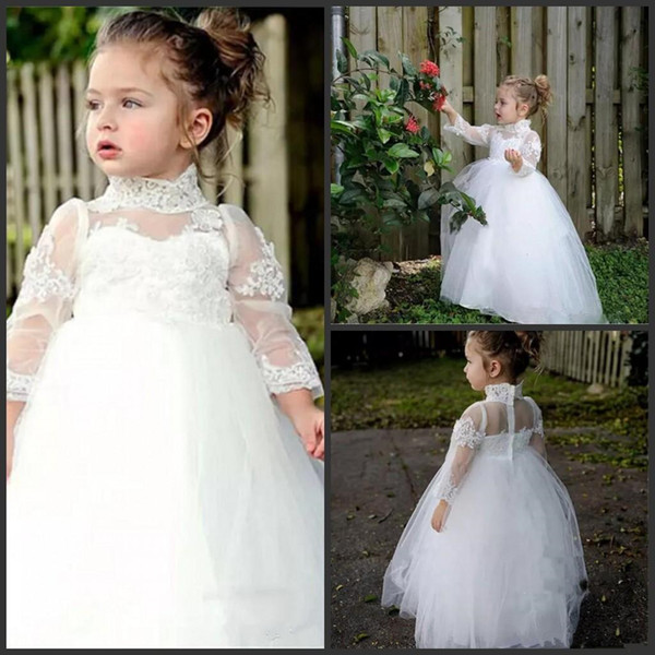 Lovely White Flower Girl Dresses for Weddings Lace High Neck Long Sleeves Baby First Communion Gowns Tulle Floor Length Toddler Pageant