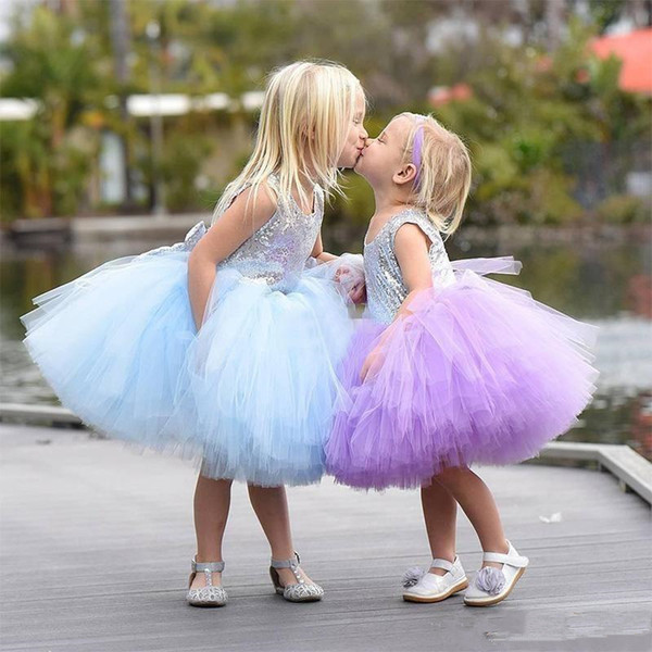 Puffy Tulle Sequin flower girls Dress for wedding Cute Knee Length Ball Gown first communion Dresses with bow Toddler Pageant Gowns