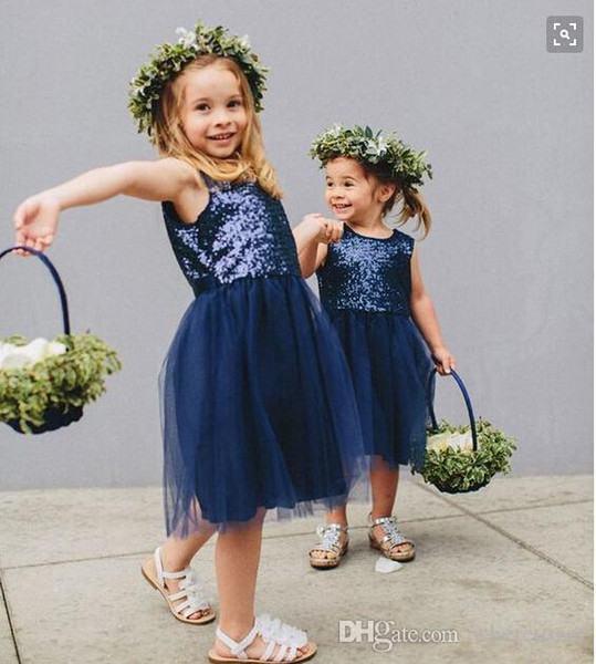 Cheap vintage Knee length Navy blue Flower Girls Dresses For Weddings sequined top tulle skirt short birthday Girl Communion Pageant Gown