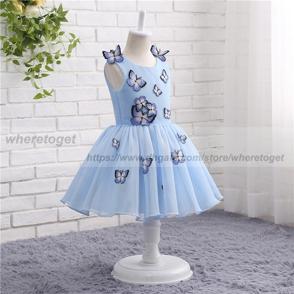 Lovely sky blue butterfly Flower Girls Dresses For Weddings Ball Gown jewel tea length Birthday Girl first Communion Pageant Gown