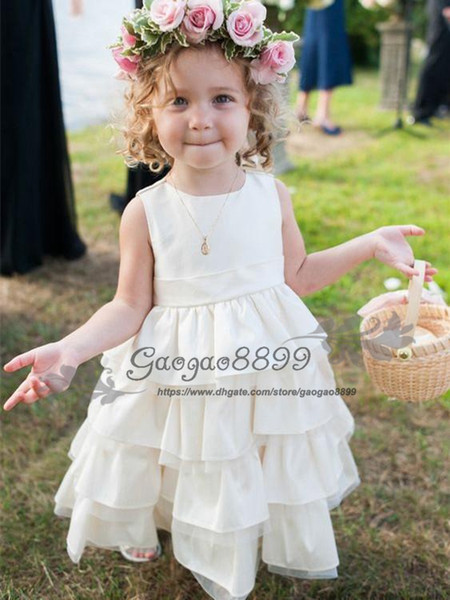 Sweety Satin Jewel Neckline Floor-length A-line Flower Girl Dresses for wedding Tiered cake skirt Kids Communion Dress Birthday Wear Gowns