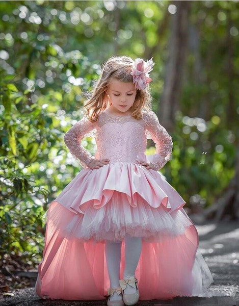 New Pink Cute Flower Girls Dresses For Wedding Jewel Long Sleeves Birthday Party Gowns With Big Bow Custom Made Dress For Little Girls