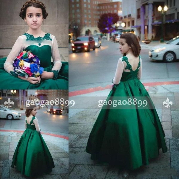 Dark Green Flower Girl Dresses A Line Illusion Long Sleeves Lace Appliques Satin Girls Pageant Gowns Children Formal Party Dress