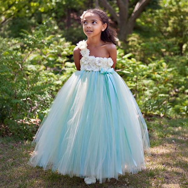 New Lovely Flower Girl Dresses One Shoulder Sleeveless Pageant Gowns With Hand Made Flowers Tiered Ruffle Custom Made Formal Party Gowns