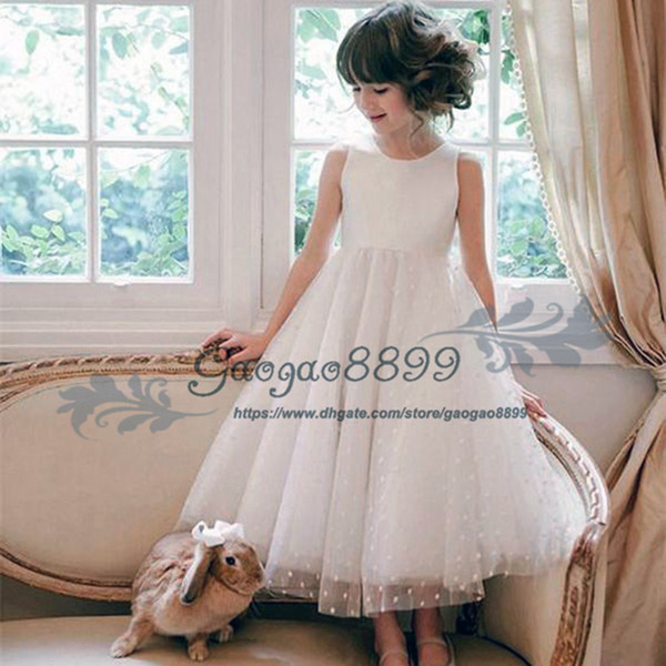 Glamorous Tulle Jewel Neckline Ankle-length A-line Flower Girl Dresses for wedding lovely Polka dot lace Kids Toddler First Communion Dress