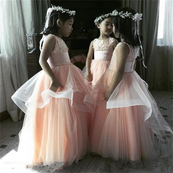 Lovely Little Princess Flower Girls' Dresses Lace Jewel Neck Zipper Back Wedding Guest Dress Long Tulle A Line Party Gowns