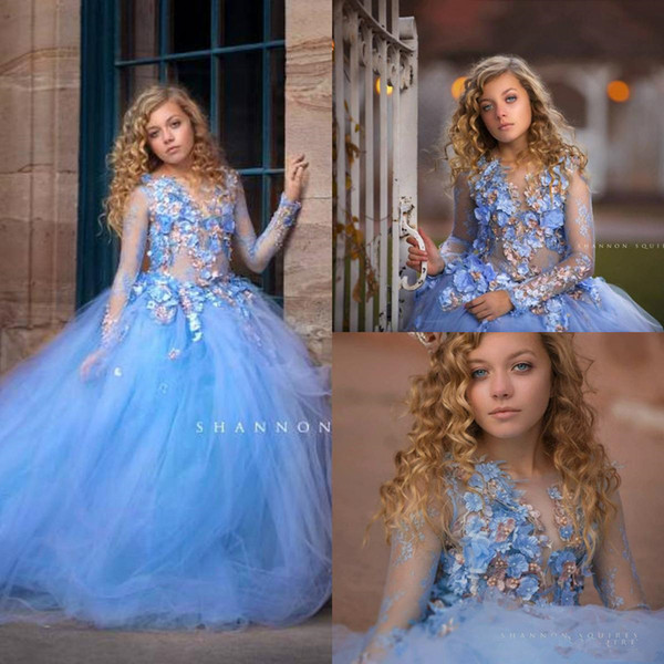 Blue Princess 3d lace Flowers Girls Dresses For Wedding Long Sleeve Appliques Beads Ball Gown Kids Pageant Gowns First Holy Communion Dress