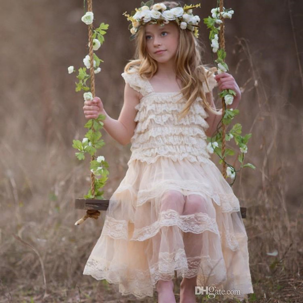 Sweety beach boho Knee-length A-line Flower Girl Dresses for wedding lace cape sleeve champagne Kids Communion Dress Birthday Wear Gowns