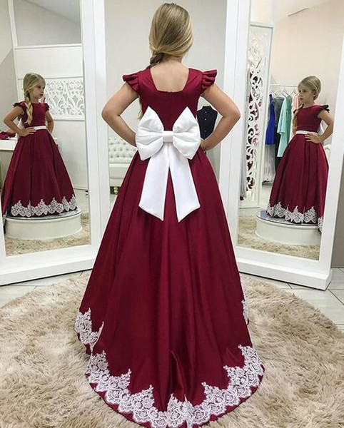 Sweety Flower Girls Dresses For Weddings Jewel Neck Elastic Satin ruched sleeves white bow lace custom made cheap Girl Pageant Gowns