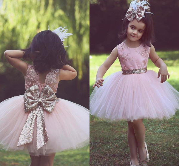 Pink knee length Short Flower Girl Dresses for Country Weddings Party Sequined Bow ball gown lace Baby Toddler Birthday Formal Dresses