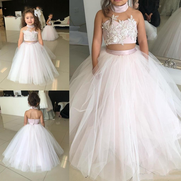 Cute Flower Girl Dresses for Wedding Little Pageant Girls Dress Ball Gown Tulle Appliqued Beaded Two Pieces Birthday Party Communion Wear