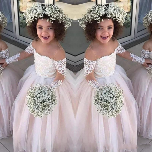 Lace Sheer Long Sleeves Little Girls Pageant Gowns Tulle Ball Gown Flower Girl Dresses For Wedding Baby Birthday Party Dress Cheap
