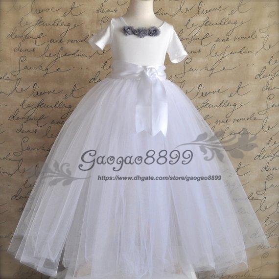 Glamorous Tulle Jewel Neckline floor length ball gown Flower Girl Dresses for wedding lovely short sleeve Kids Toddler First Communion Dress