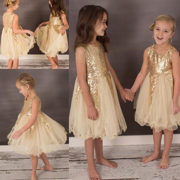 Bling Champagne Flower Girl Dresses for Bohemia Wedding Knee Length Tulle Sleeveless Child Formal Party Dresses for Girls Pageant