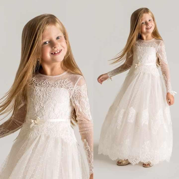 Sweety A Line Flower Girl Dresses Long Sleeves Jewel Princess Sheer Tulle Ankle Length Pageant 2022Tutu Dress Gowns for Communion DTJ