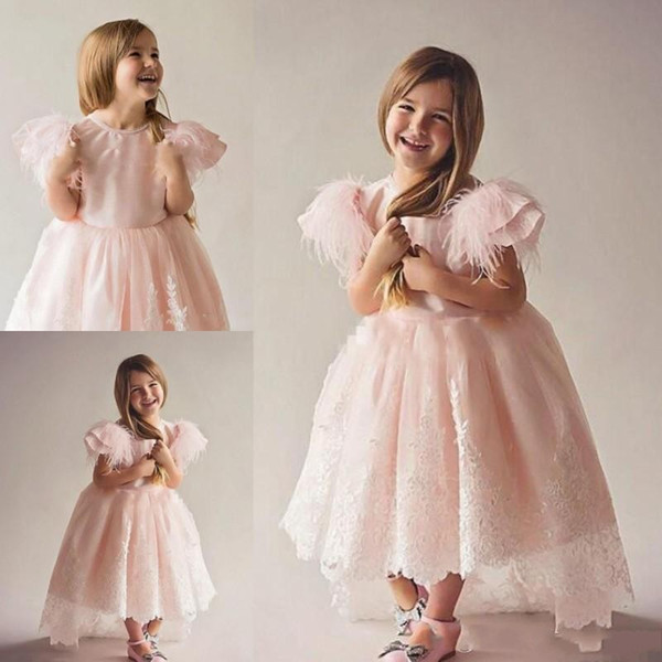 2022Vintage A Line Flower Girl Dresses Jewel Feather Juliet Sleeve Appliques High Low Pageant Dress Gowns for Communion DTJ