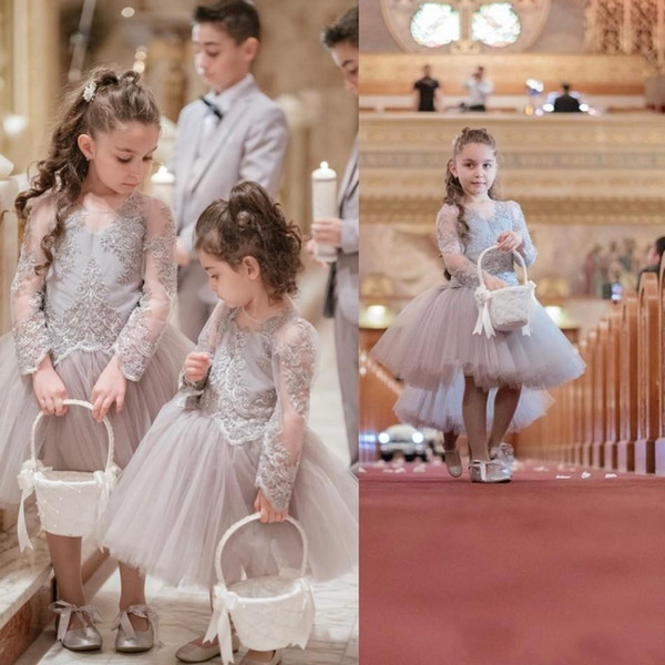 Hot Selling Short Flower Girl Dress Long Sleeve Applique Beautiful Pageant Gown Beads Knee Length First Communion Dresses For Girls DTJ