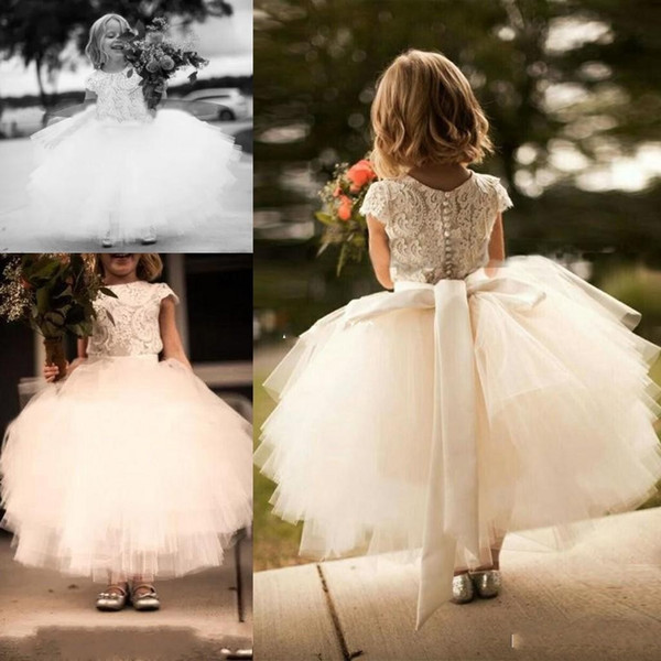 Flower Girl Dress Short Sleeve Sash Lay White Lace and Tulle Tutu Skirt Kids Communion Formal Wear Dress Custom Made DTJ