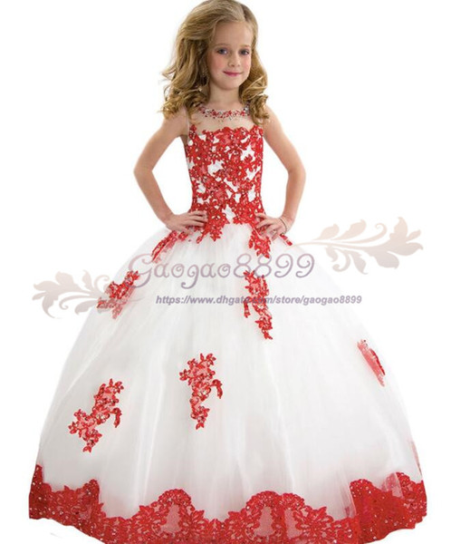 Vintage Jewel Neck Flower Girls Dresses Red lace Appliques crystal beaded First Commuion Dresses girls pageant dress For Girls Birthday