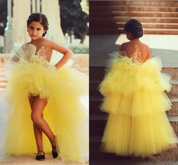 Yellow Kids Formal Wear Flower Girl Dress for Wedding A-line High Low Organza Tulle Little Pageant Gowns with Appliques