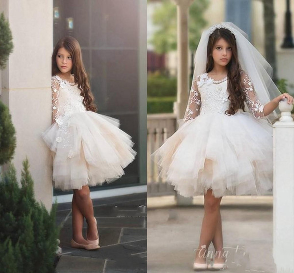 Flower Girls Dresses Short Jewel Neck Long Sleeves Lace Flowers Knee Length Tiered Birthday Children Girl Pageant Gowns DTJ