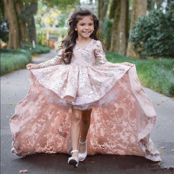 Pink High Low Long Sleeve Flower Girl Dresses For Wedding Lace Applique Ruffles Girls Pageant Gowns Sweep Train Children Prom Party Dresses