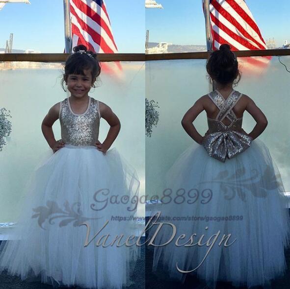 Lovely White Flower Girls Dresses For Wedding jewel Tulle gold sequined bow sash zipper Princess Children first holy communion dresses