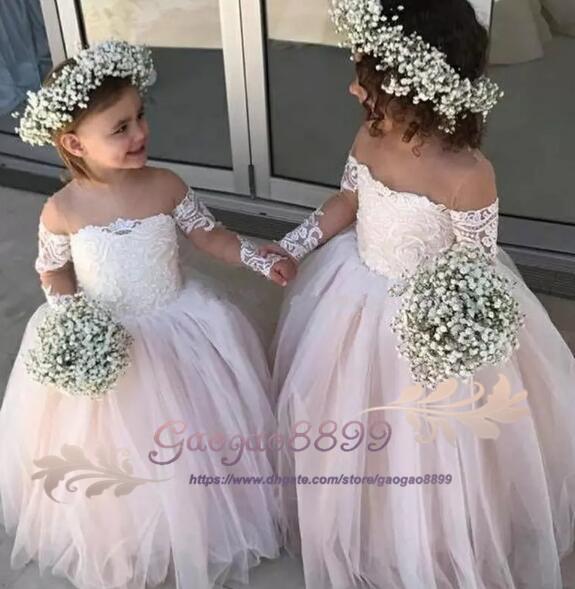 new sweet Long Sleeves Flower Girls Dresses For Weddings Appliques Lace Tulle Floor Length Infant Children Birthday Party Dresses cheap