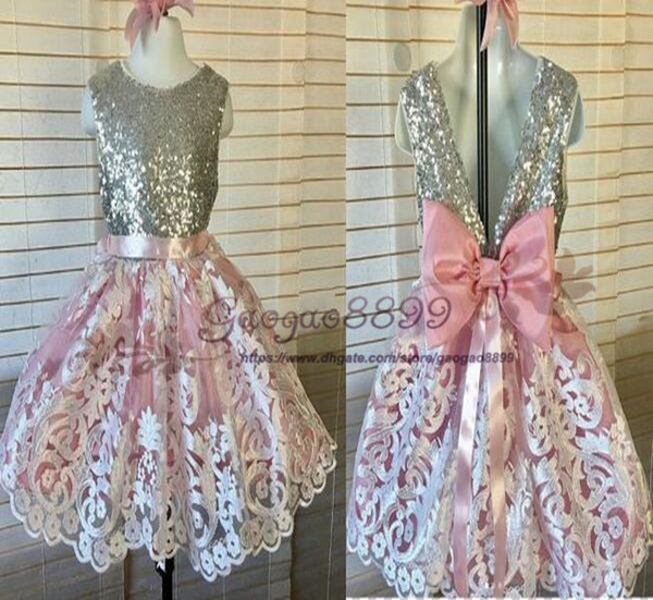 New sweet sleeveless Flower Girls Dresses sequined lace Princess dress with pink Bow Kids Formal Wear Toddler Girl's Pageant Dresses