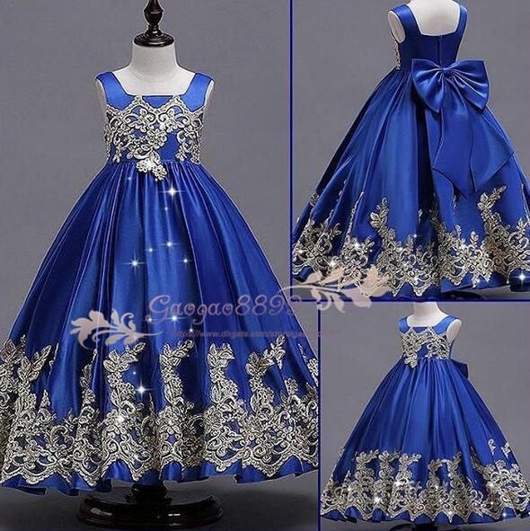 Custom Made Beautiful royal blue Flower Girls Dresses for Weddings Pretty Formal Girls Gowns lace Satin Puffy Pageant Dress cheap