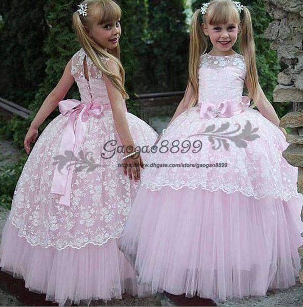 cheap Pretty Flower Girls Dresses Ruched Tiered pink Puffy Girl Dresses for Wedding Party Gowns ball gown Pageant Dresses Sweep Train