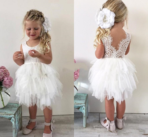 Knee length Infant Toddler Flower Girls' Dresses For Wedding white Cute Lace Tutu skirt Little Girls Princess Baby Pageant Dresses