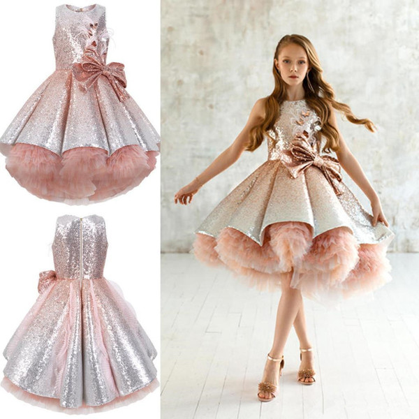 Shiny Sequins Flower Girls' Dresses Sleeveless Tulle Tiered TuTu Girls Pageant Gowns Gorgeous Tiered Puffy knee length kids Dresses