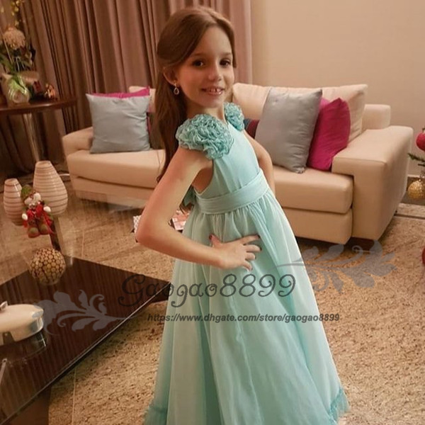 boho Floor-length A-line chiffon Flower Girl Dresses for wedding handmade flowers bow Kids Communion Dress beach Birthday Wear Gowns