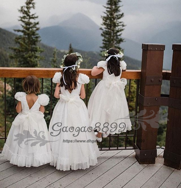 Sweety chiffon beach Floor-length A-line Flower Girl Dresses for wedding handmade flower white Kids Communion Dress Birthday Wear Gowns