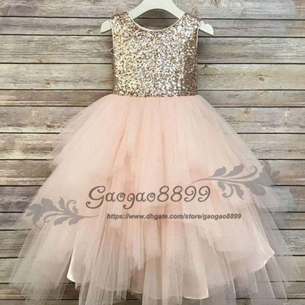 Shimmering gold Sequin blush Tulle Scoop Neckline Knee-length Ball Gown Flower Girl Dresses for wedding Birthday Party First Communion gowns