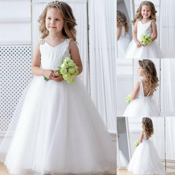 vintage White Flower Girl Dresses for Wedding V Neck Tulle Beaded Girls Pageant Dress Backless Kids first Communion Formal Wear