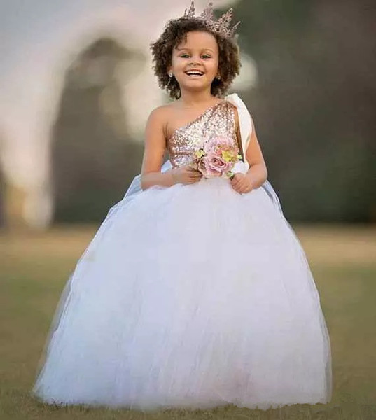 Lovely Rose gold sequins ball gown Flower Girls Dresses for wedding One Shoulder floor length Birthday Party First Communion gowns