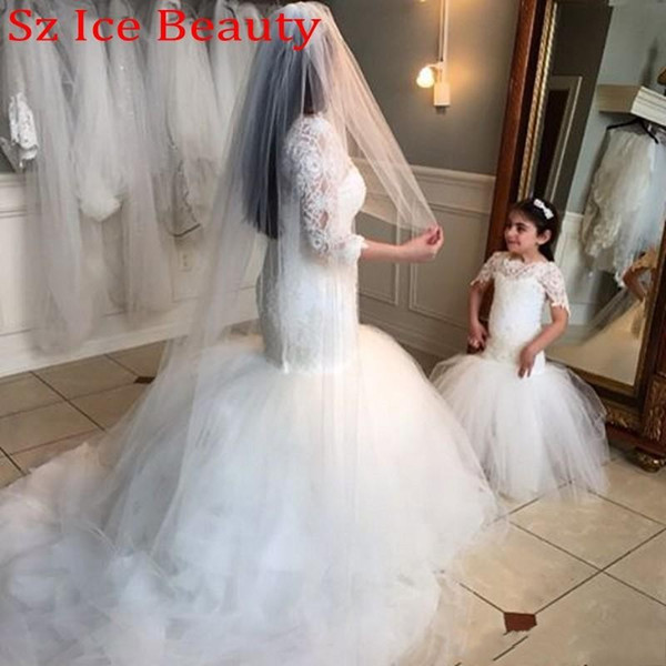 Sweety Lace Flower Girls Dresses For Weddings Beauty Short Sleeves Mermaid Girl Birthday Party Dress Trumpet Little Girls Pageant Wear